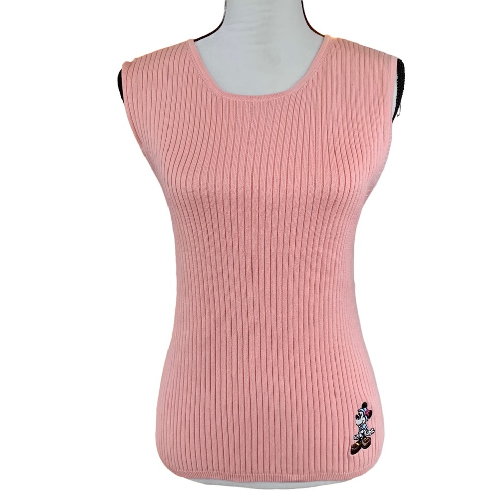 NWT Disney Minnie Mouse Embroidered Knit Ribbed Shell Top Sleeveless Sweater